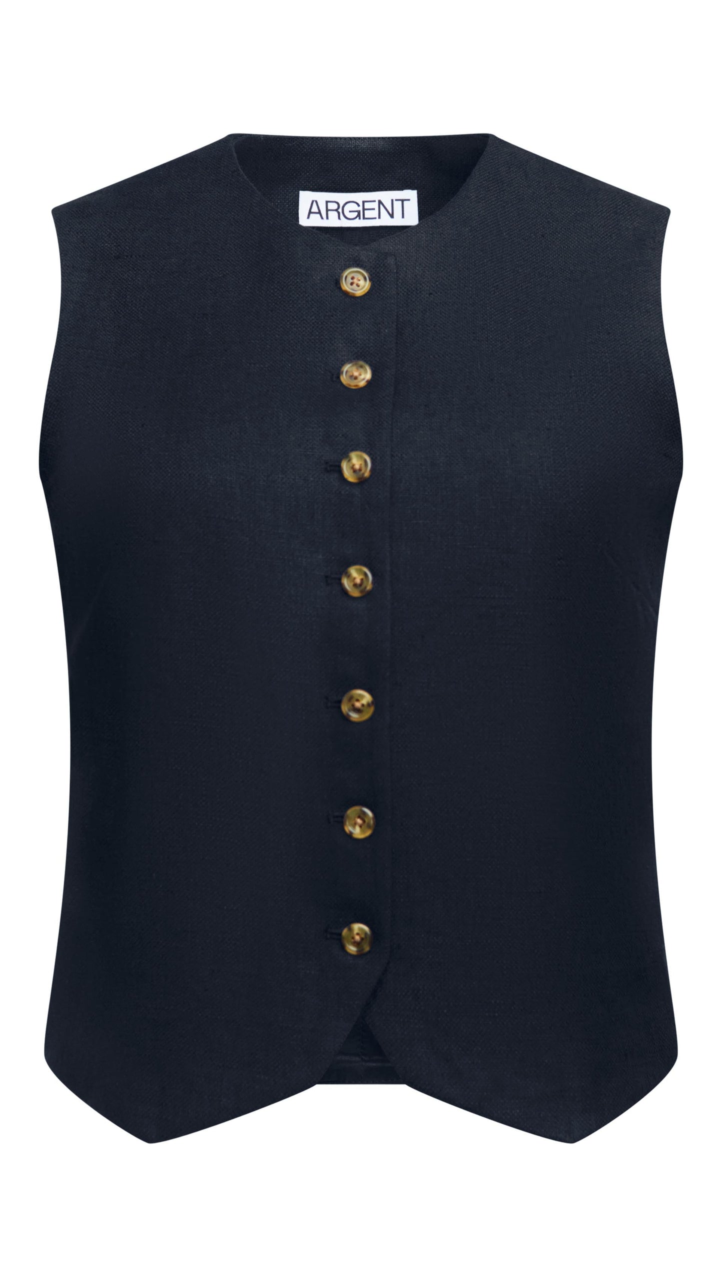 High-Neck Button Waistcoat in Basket Weave Linen | Midnight