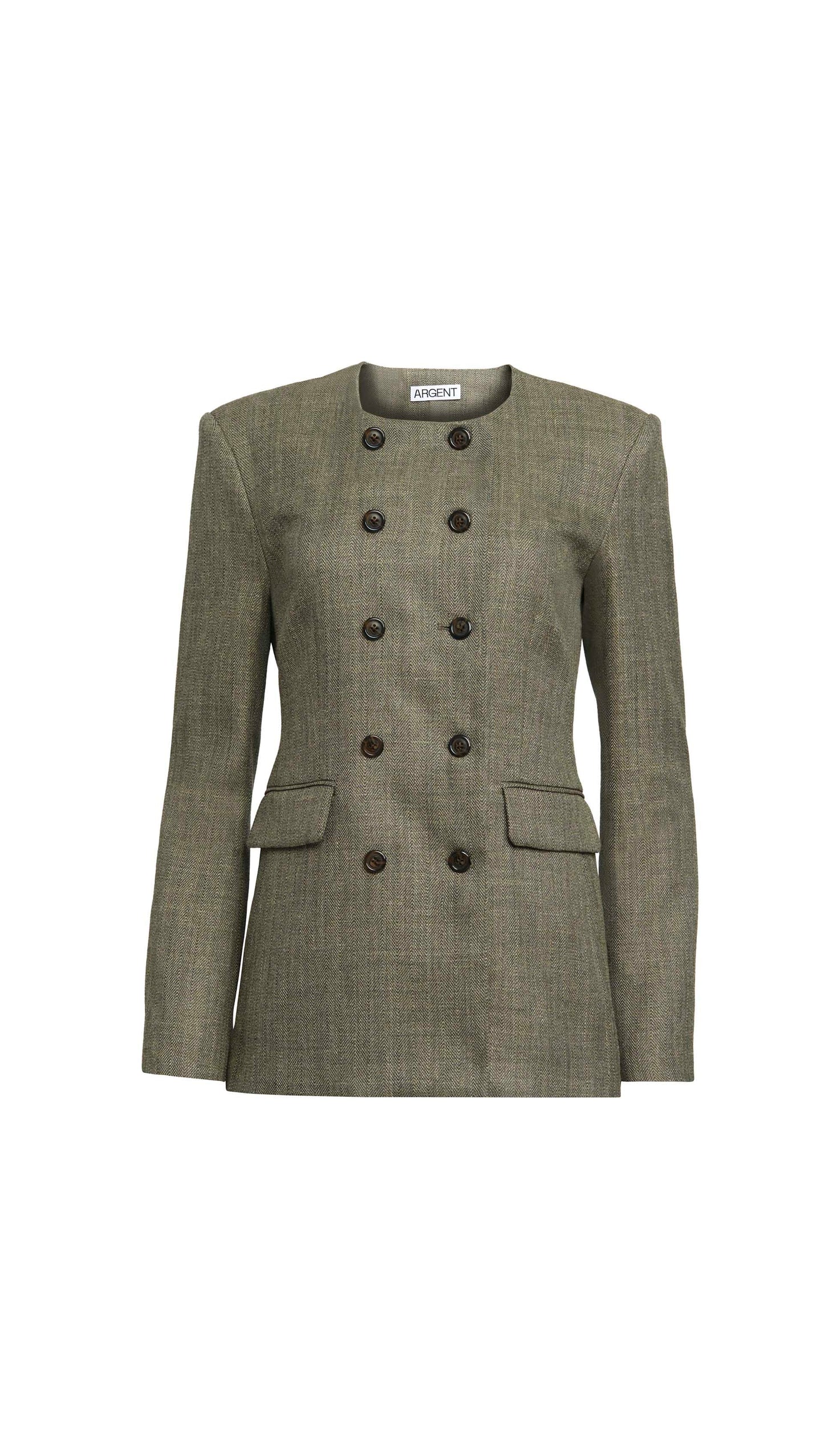 Double-Breasted Crewneck Blazer in Herringbone | Ash