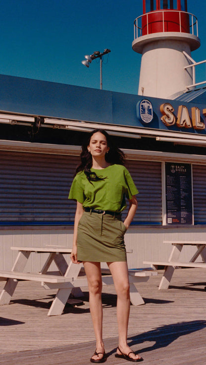 Mini Tailored Skirt in Cotton Twill | Mushroom Topstitch