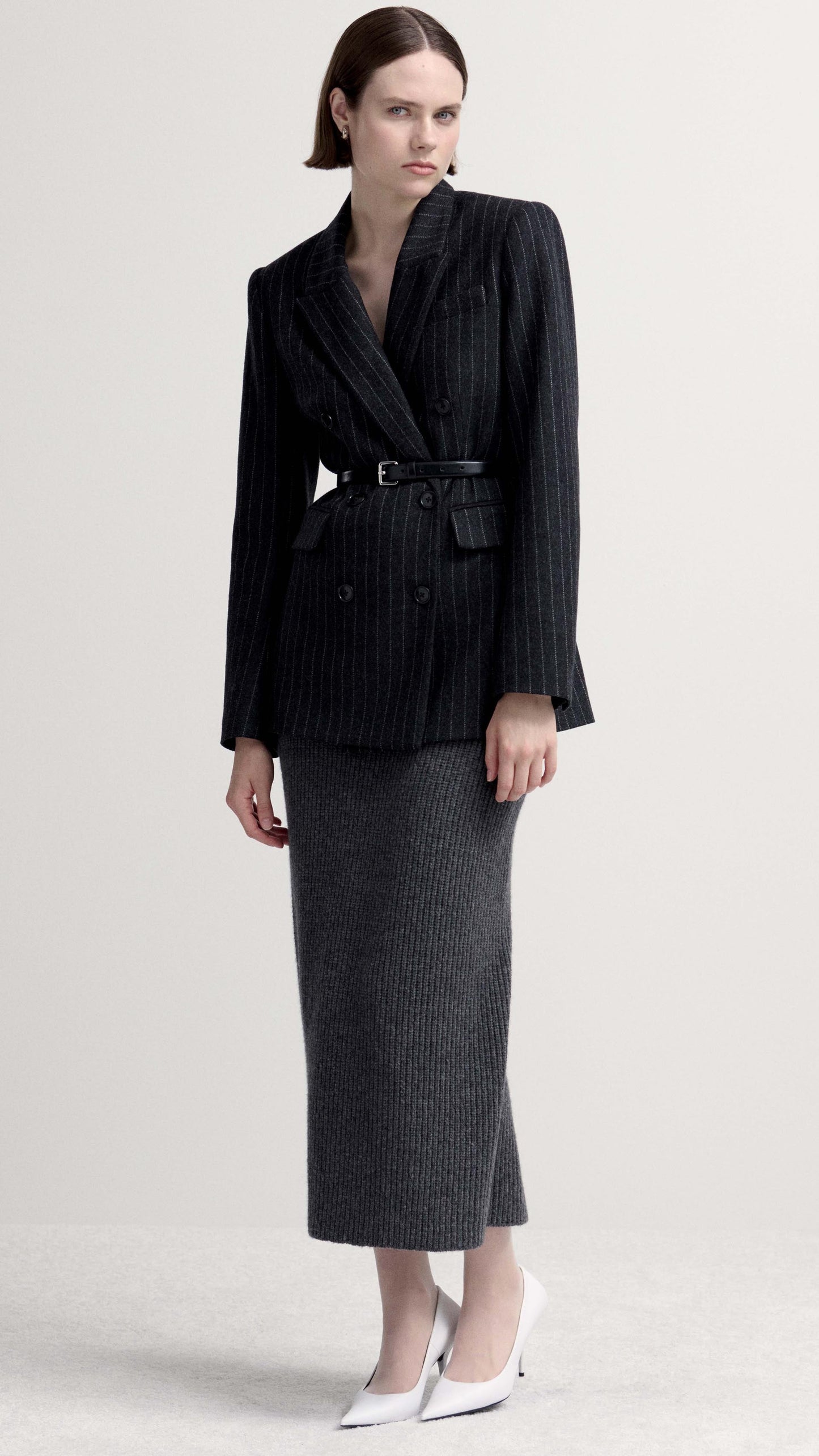 Belted Double-Breasted Blazer in Wool Blend | Grey Pinstripe