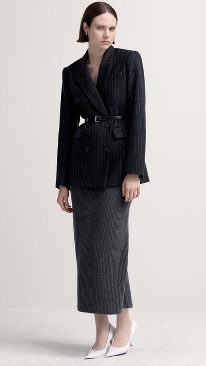 Belted Double-Breasted Blazer in Wool Blend | Grey Pinstripe