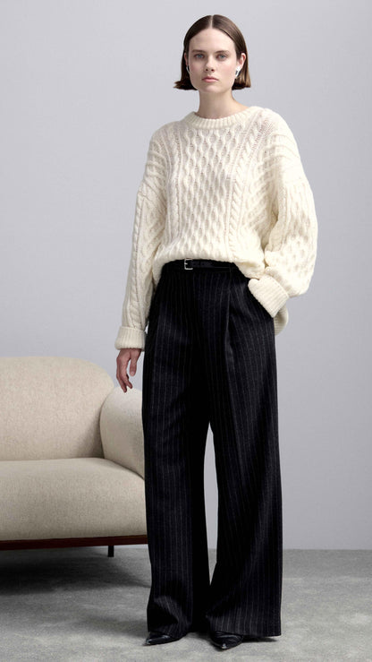 Single Pleat Trouser in Wool Blend | Grey Pinstripe