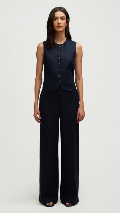 High-Neck Button Waistcoat in Basket Weave Linen | Midnight