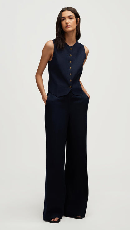 High-Neck Button Waistcoat in Basket Weave Linen | Midnight