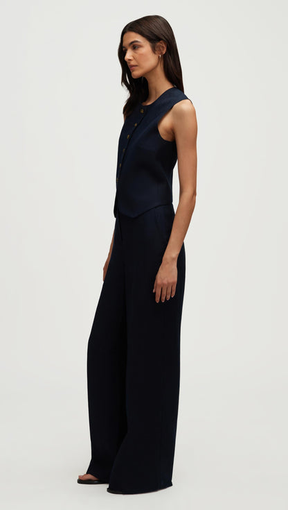 High-Neck Button Waistcoat in Basket Weave Linen | Midnight