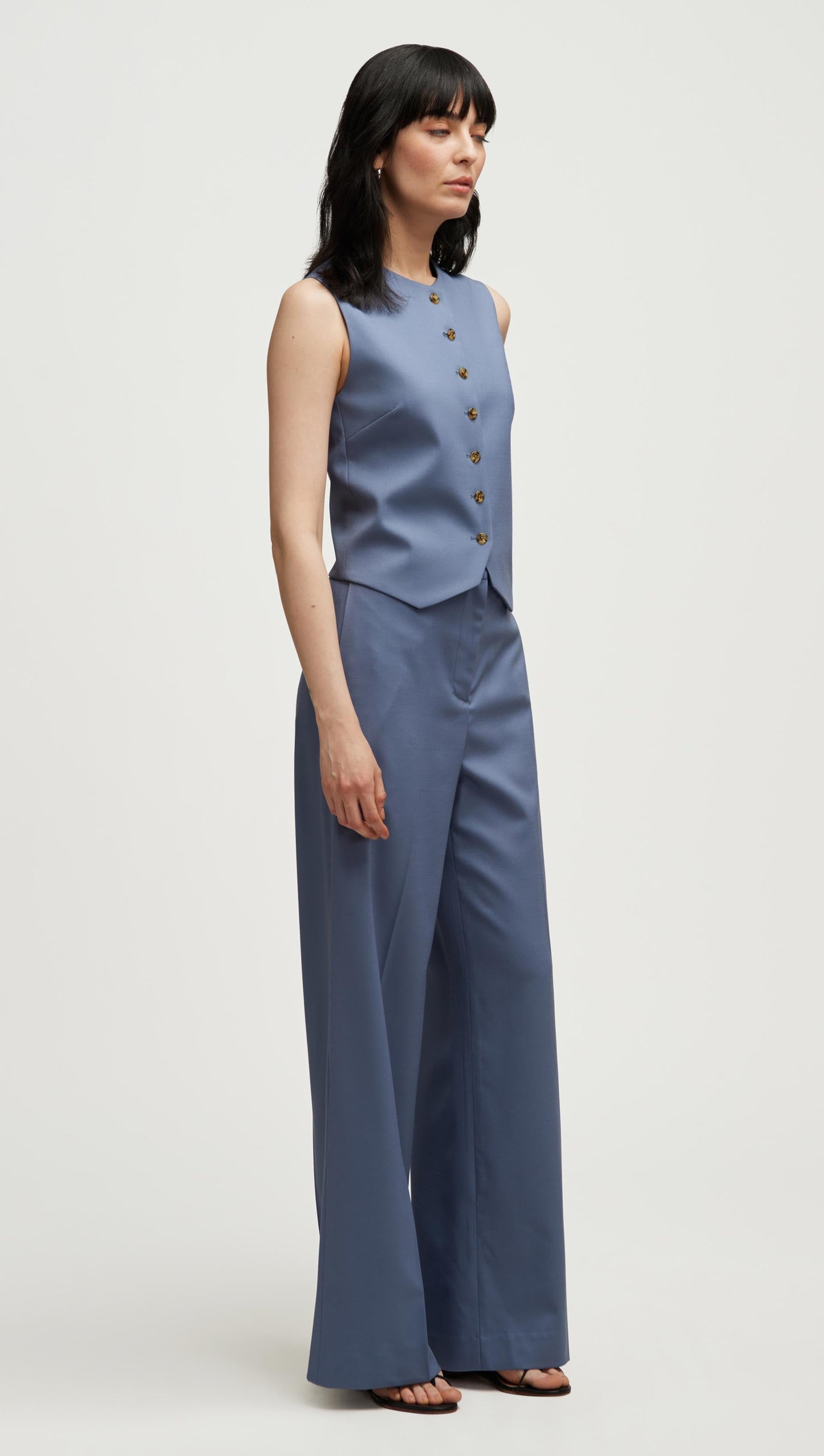High-Neck Button Waistcoat in Seasonless Wool | Powder Blue