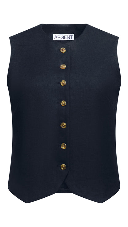 High-Neck Button Waistcoat in Basket Weave Linen | Midnight