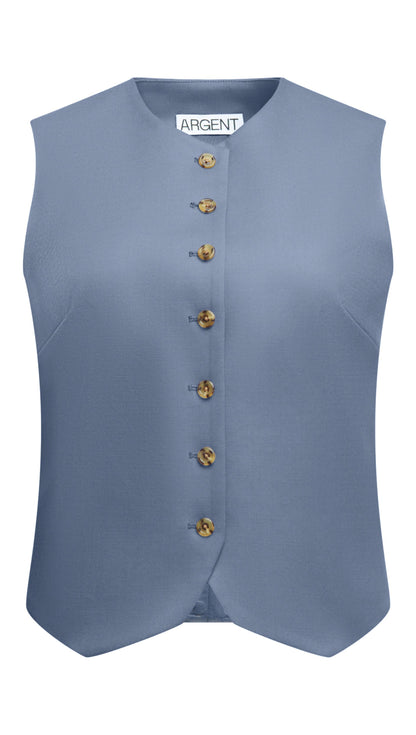 High-Neck Button Waistcoat in Seasonless Wool | Powder Blue