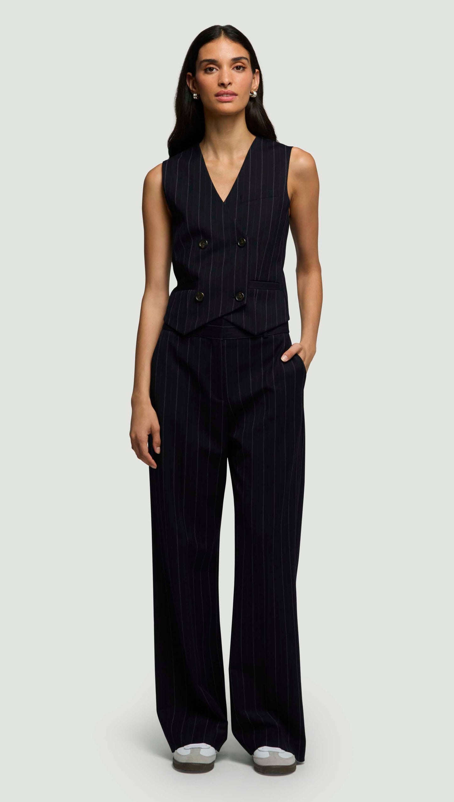 Double-Breasted Waistcoat in Stretch Wool | Herringbone Midnight Stripe