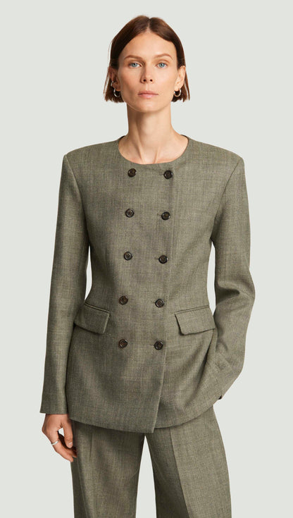 Double-Breasted Crewneck Blazer in Herringbone | Ash