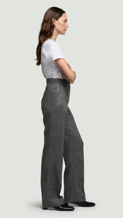 Straight Pintuck Trouser in Textured Wool Twill | Grey Melange
