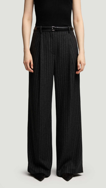 Single Pleat Trouser in Wool Blend | Grey Pinstripe