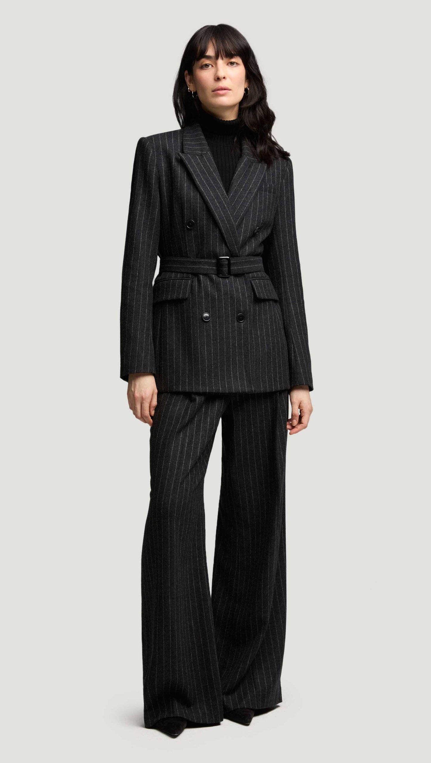 Single Pleat Trouser in Wool Blend | Grey Pinstripe
