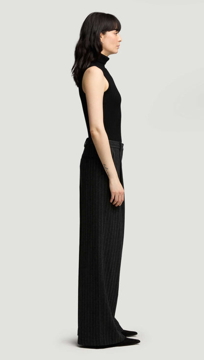 Single Pleat Trouser in Wool Blend | Grey Pinstripe