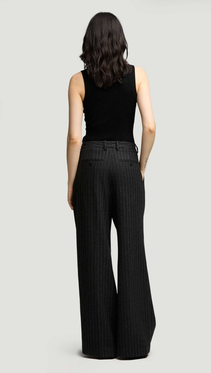Single Pleat Trouser in Wool Blend | Grey Pinstripe