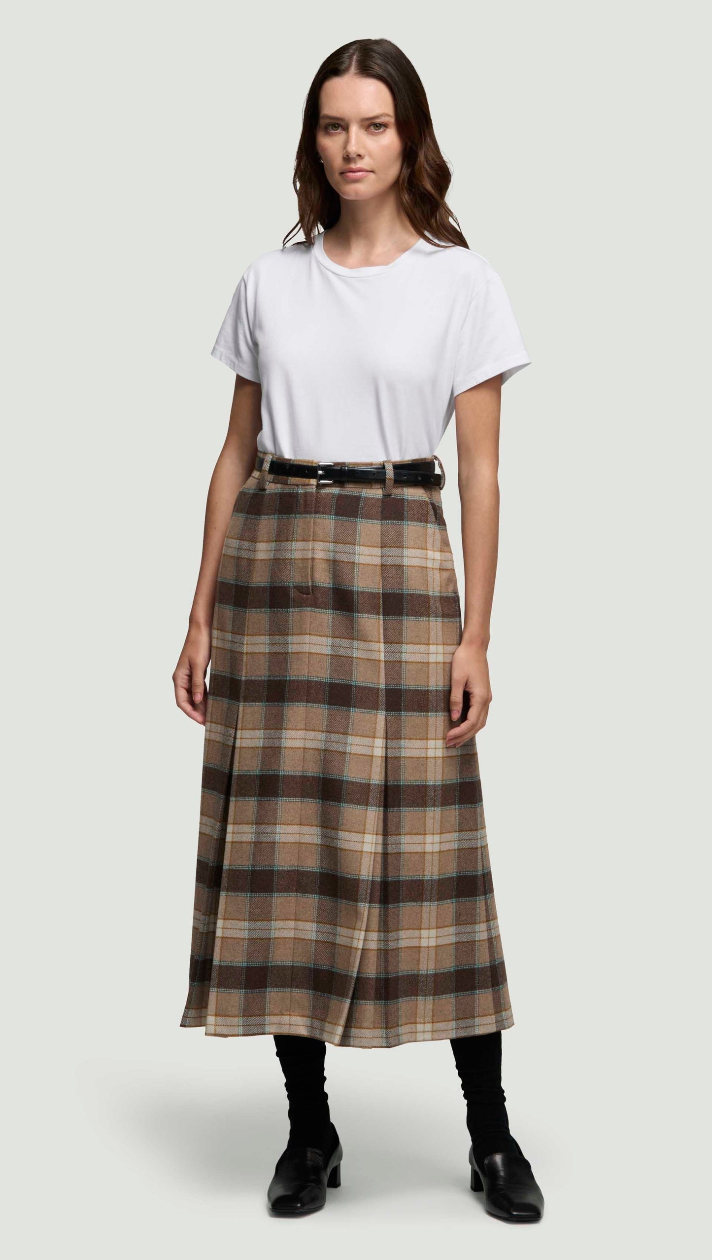 Godet Skirt in Wool | Brown Plaid