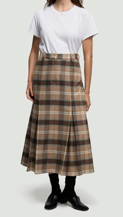 Godet Skirt in Wool | Brown Plaid