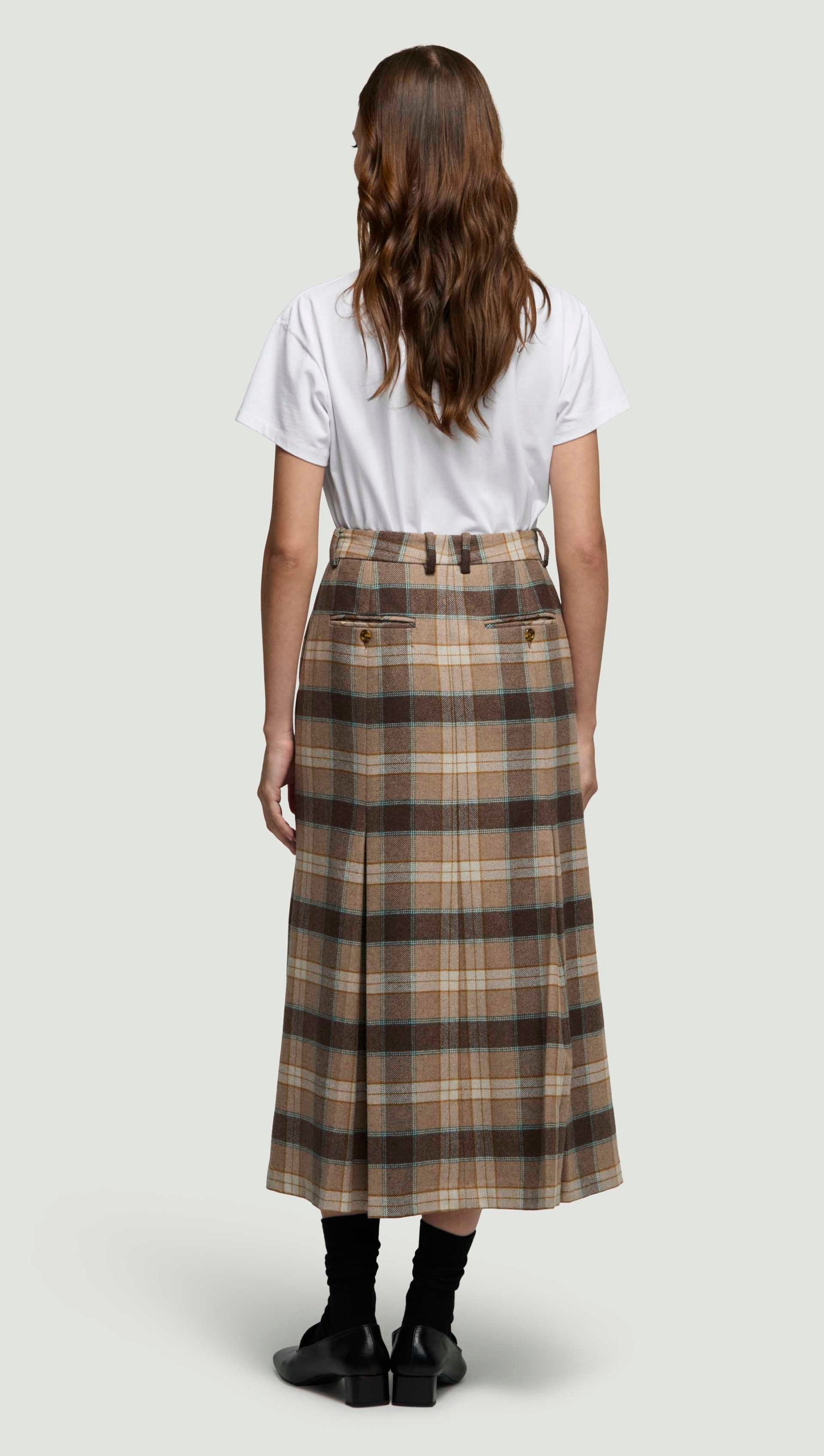 Godet Skirt in Wool | Brown Plaid