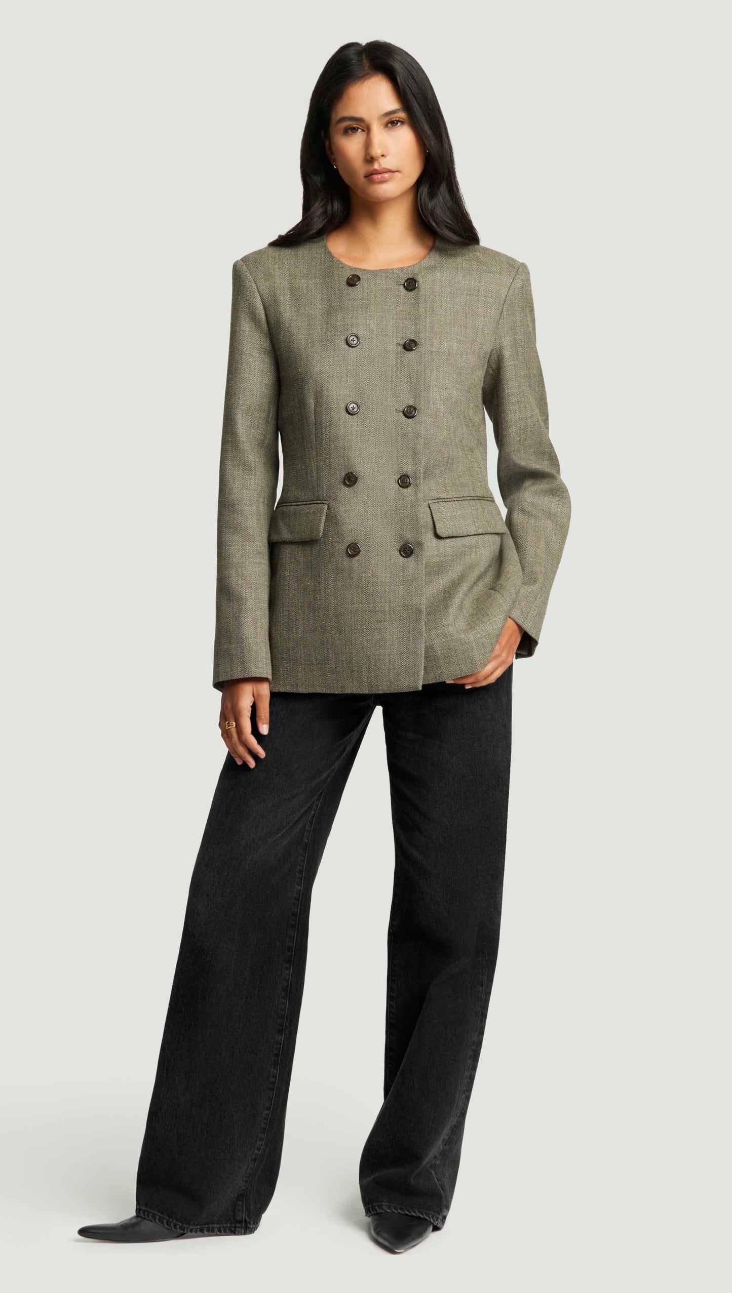 Double-Breasted Crewneck Blazer in Herringbone | Ash