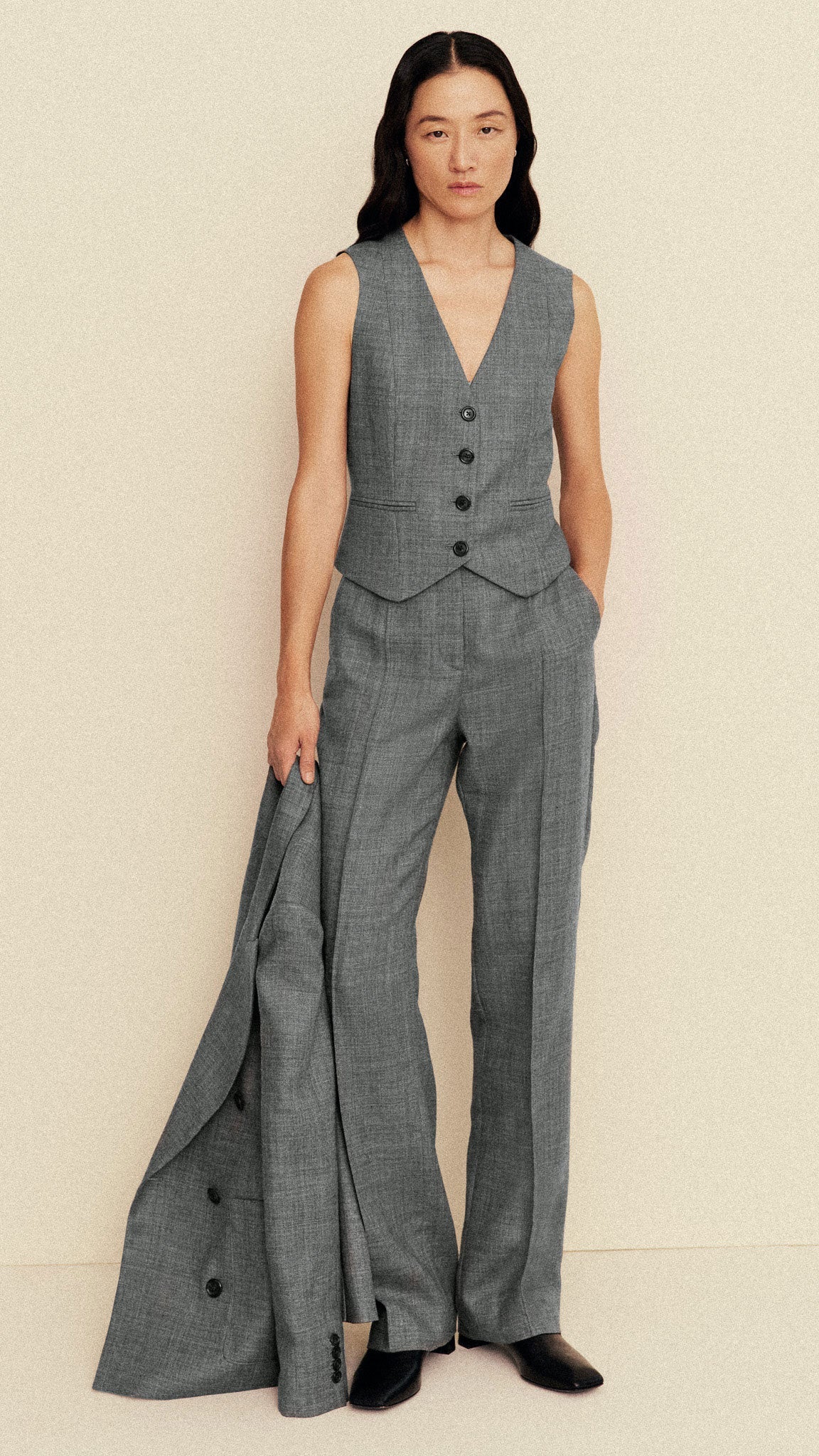 Waistcoat in Textured Wool Twill | Grey Melange