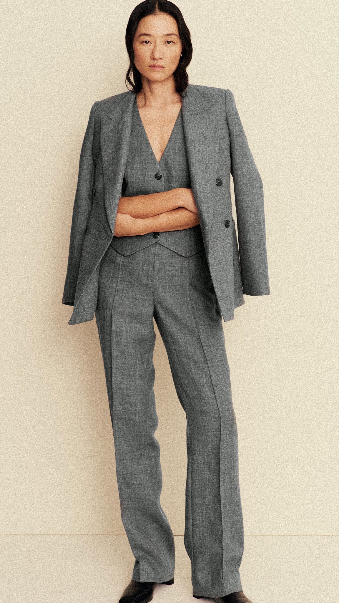 Straight Pintuck Trouser in Textured Wool Twill | Grey Melange