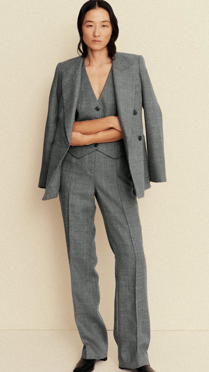 Straight Pintuck Trouser in Textured Wool Twill | Grey Melange