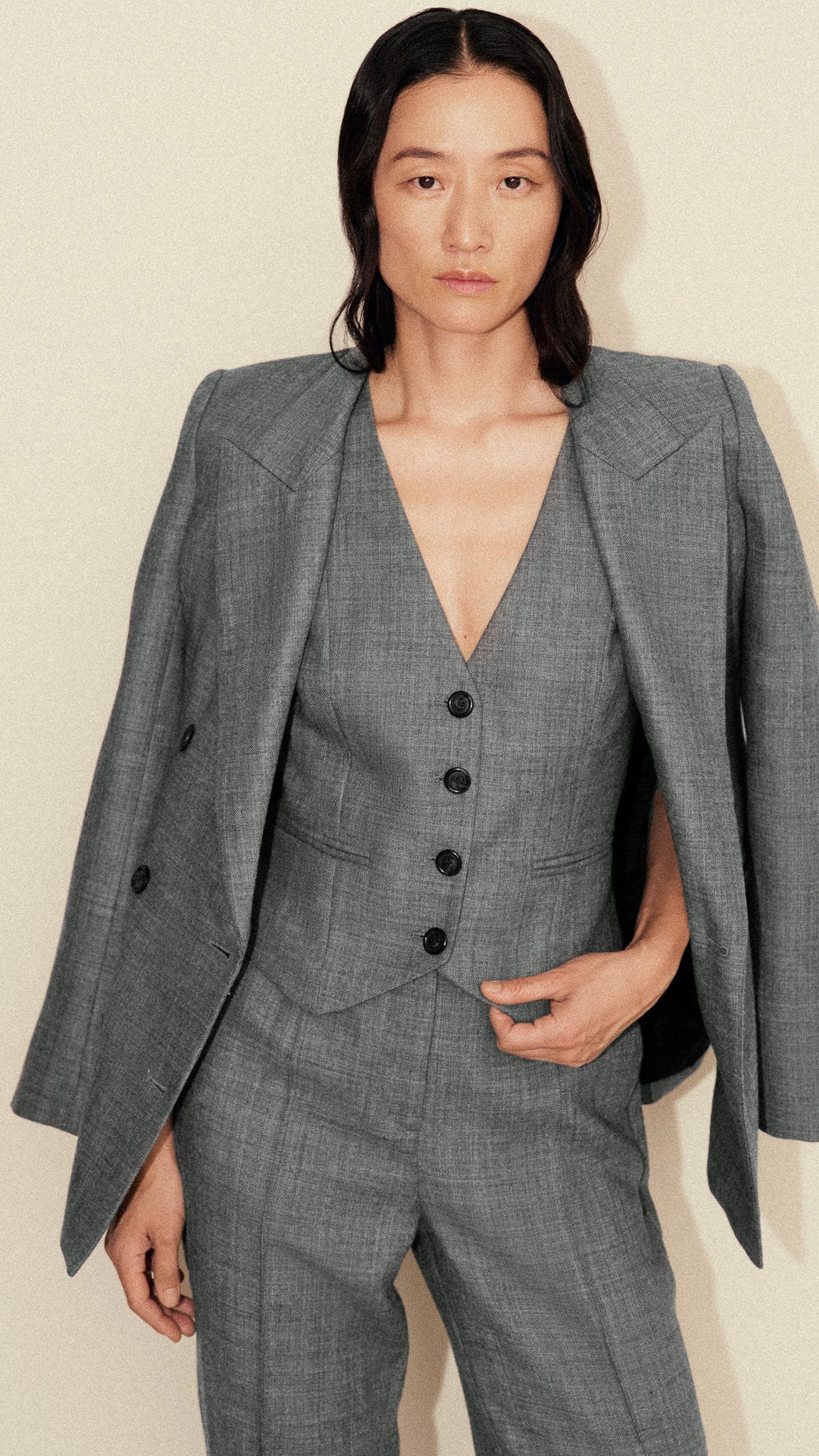 Waistcoat in Textured Wool Twill | Grey Melange