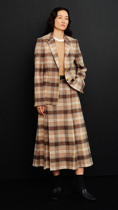 Godet Skirt in Wool | Brown Plaid