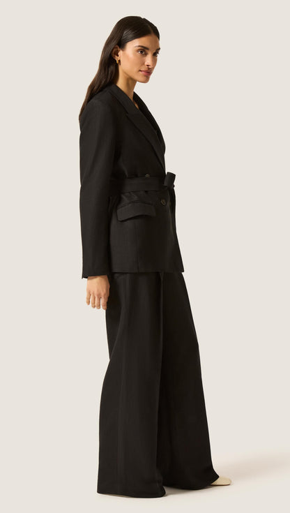 Belted Peak Lapel Blazer in Viscose Linen | Black