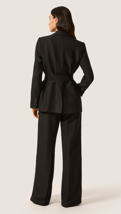 Belted Peak Lapel Blazer in Viscose Linen | Black