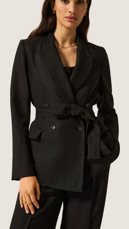 Belted Peak Lapel Blazer in Viscose Linen | Black
