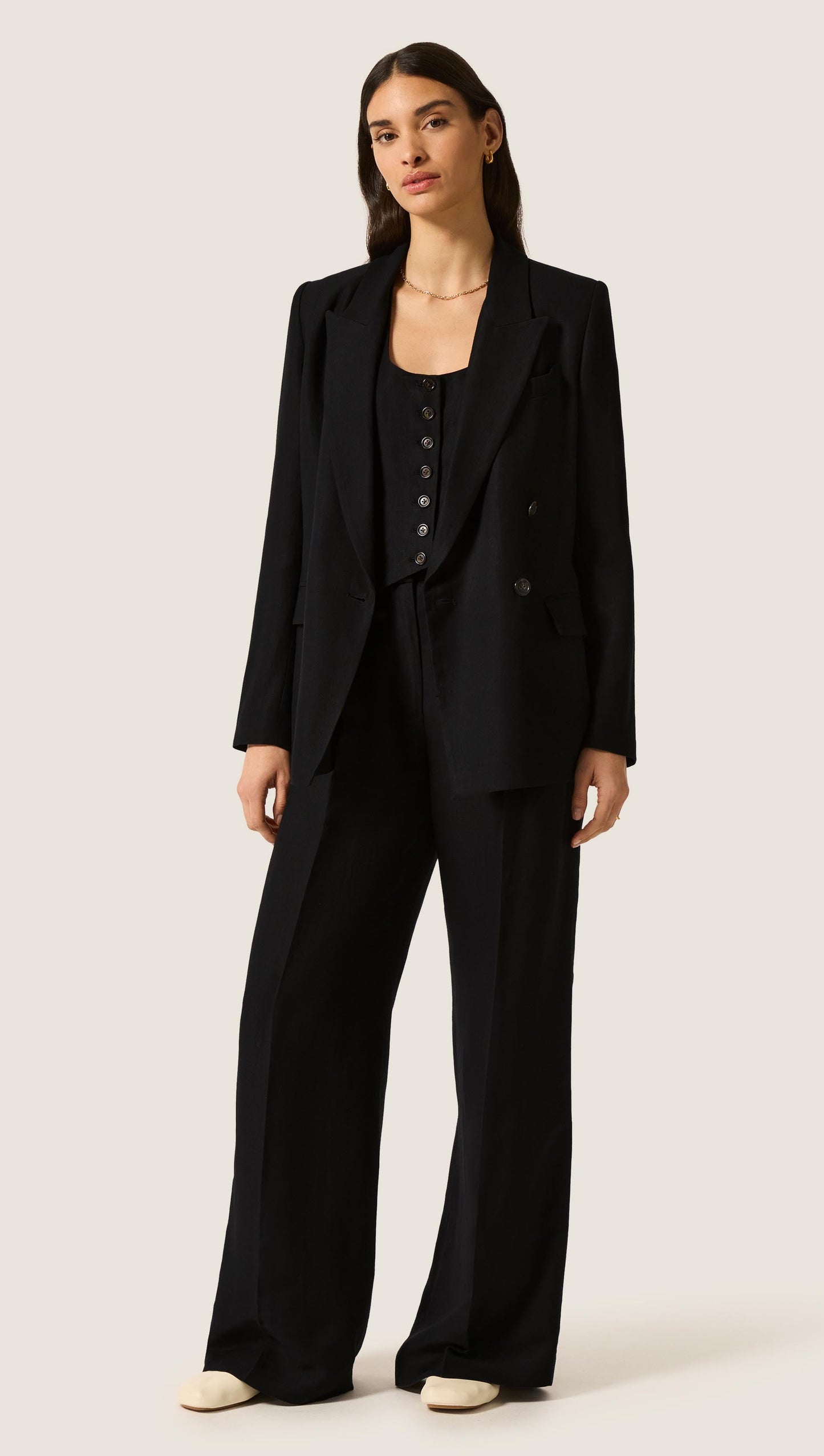 Belted Peak Lapel Blazer in Viscose Linen | Black