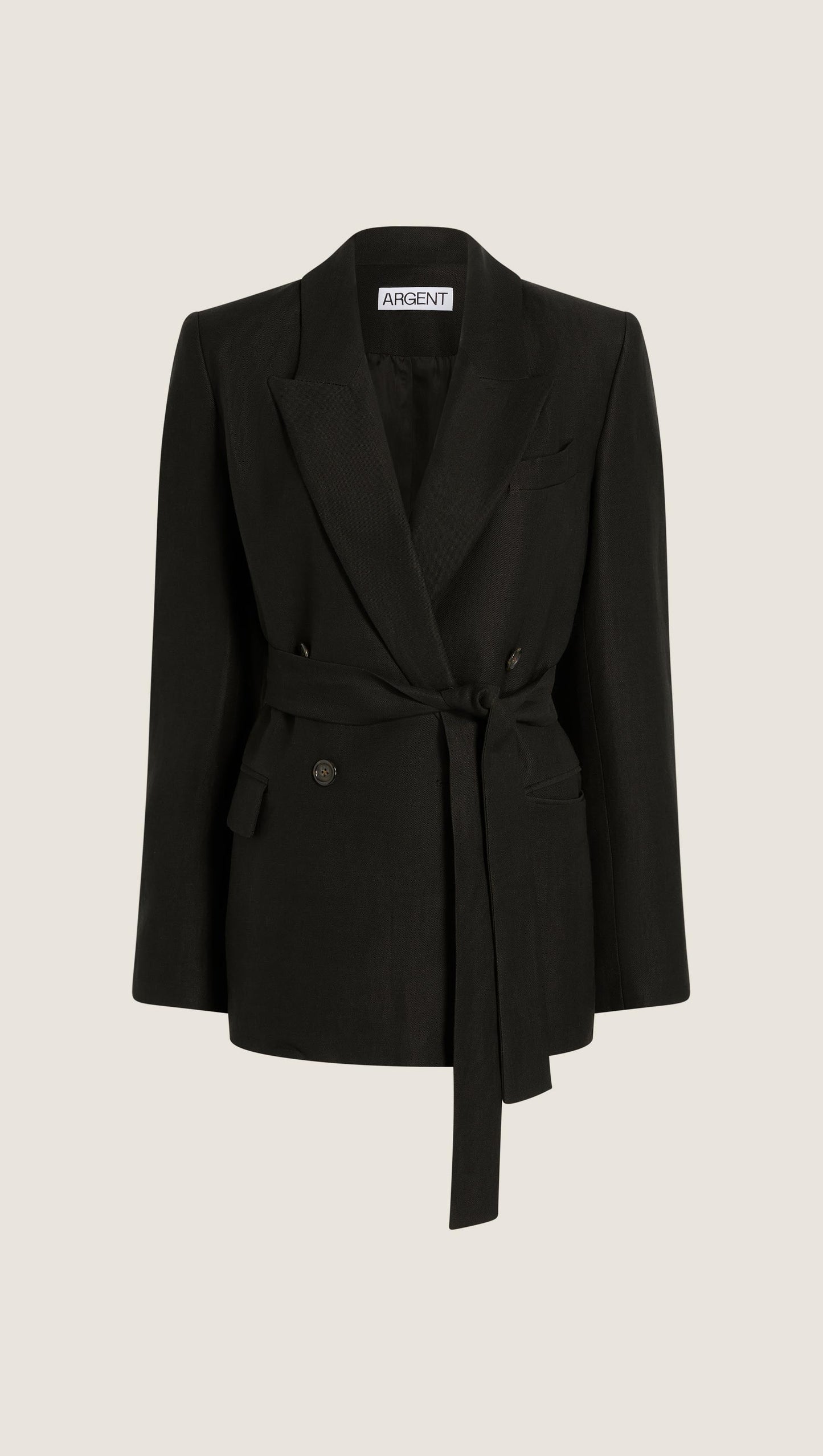Belted Peak Lapel Blazer in Viscose Linen | Black