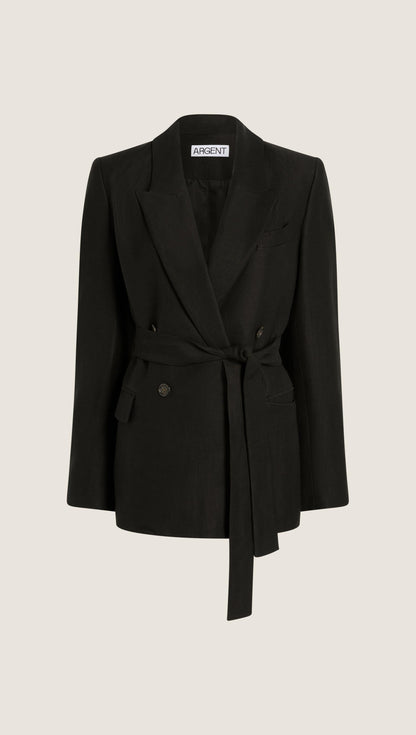 Belted Peak Lapel Blazer in Viscose Linen | Black