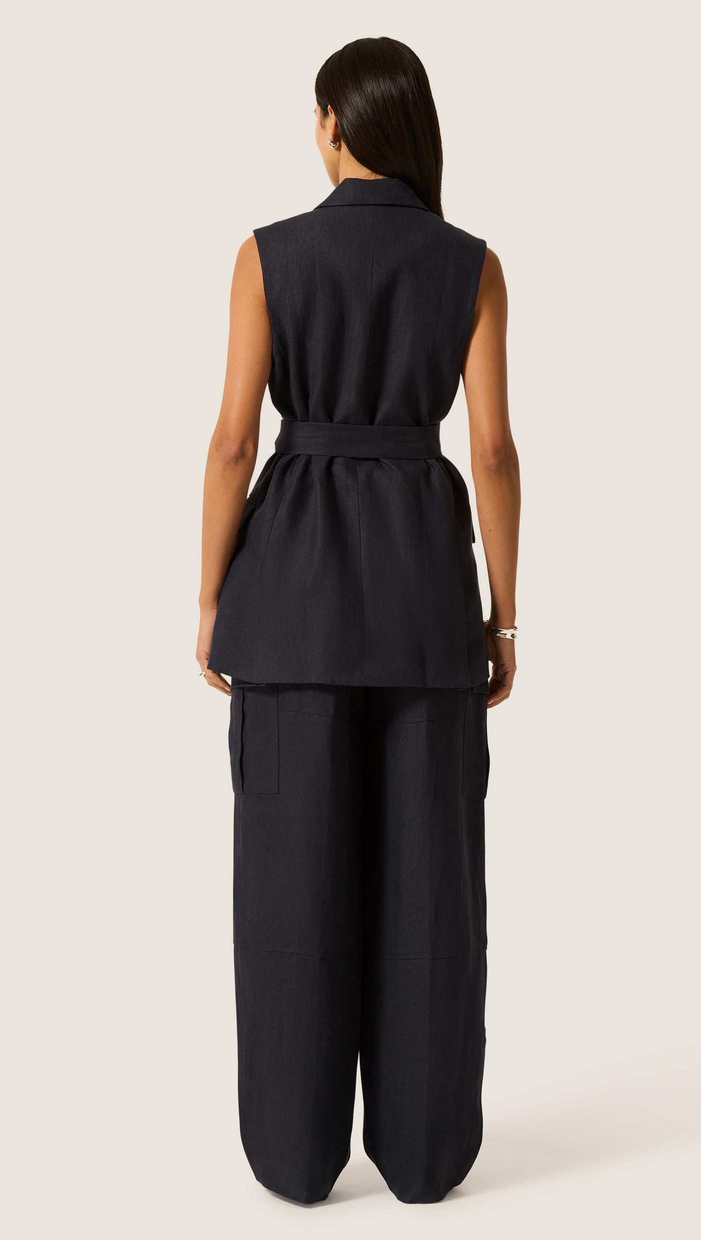 Belted Vest in Linen Twill | Midnight
