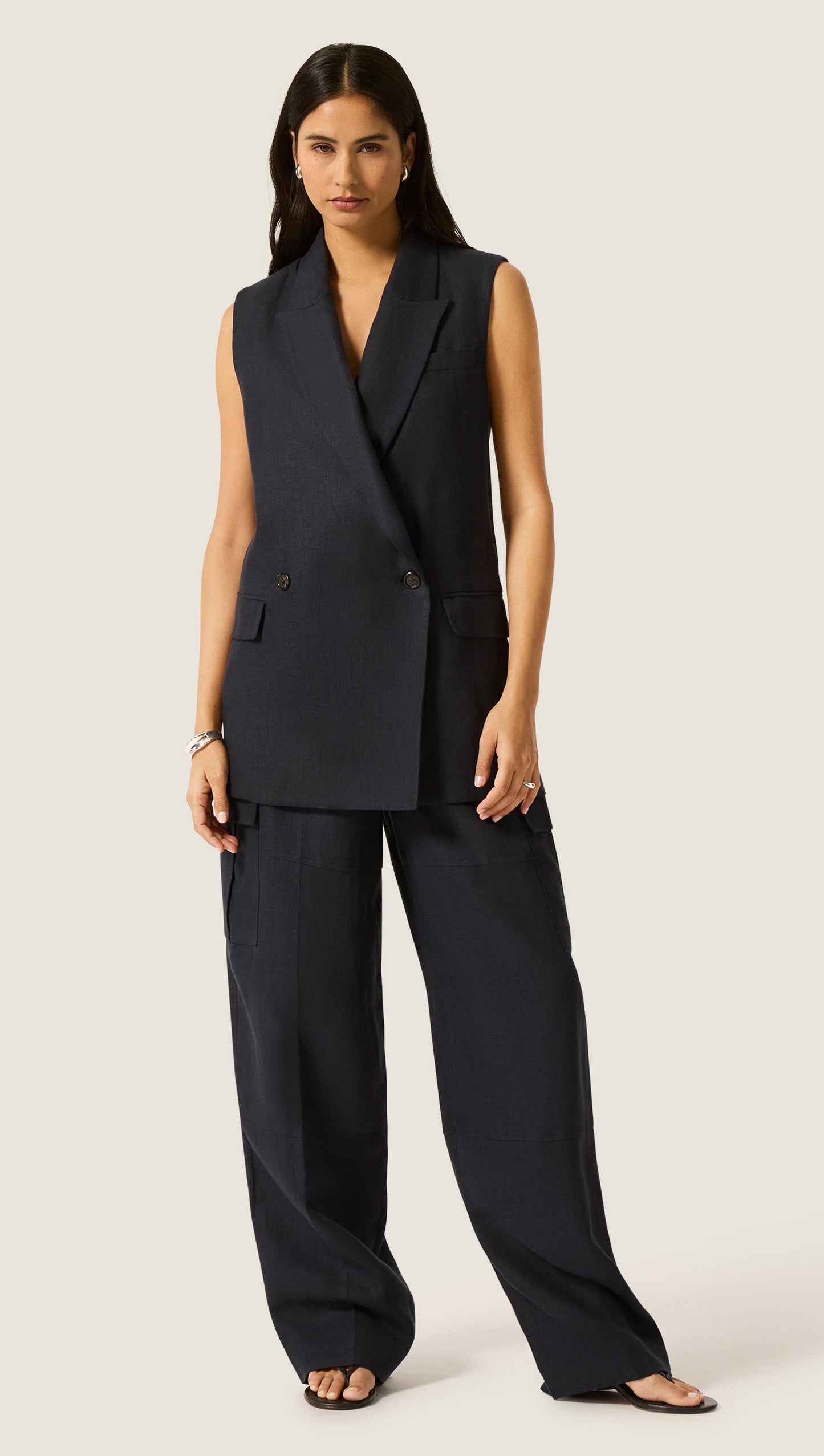 Belted Vest in Linen Twill | Midnight