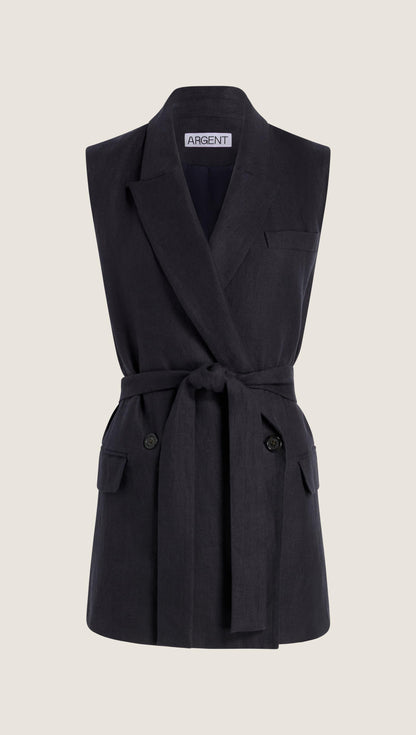 Belted Vest in Linen Twill | Midnight