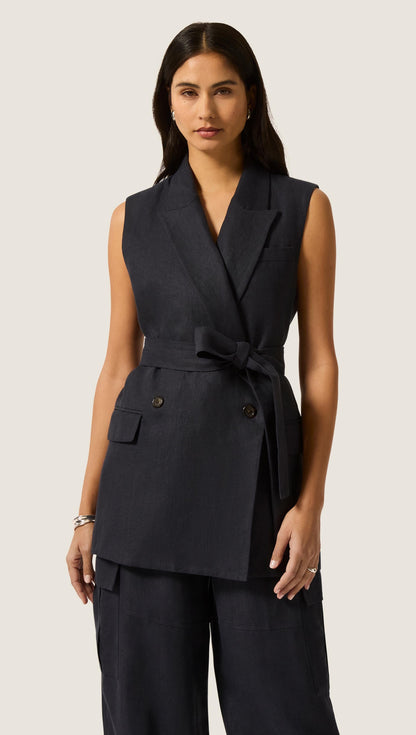 Belted Vest in Linen Twill | Midnight