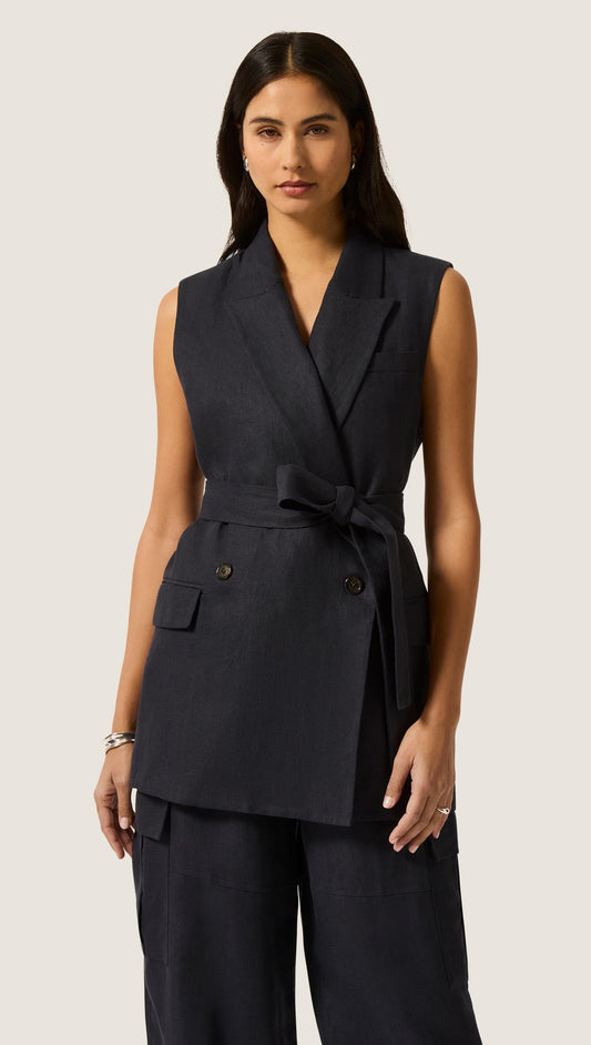 Belted Vest in Linen Twill | Midnight