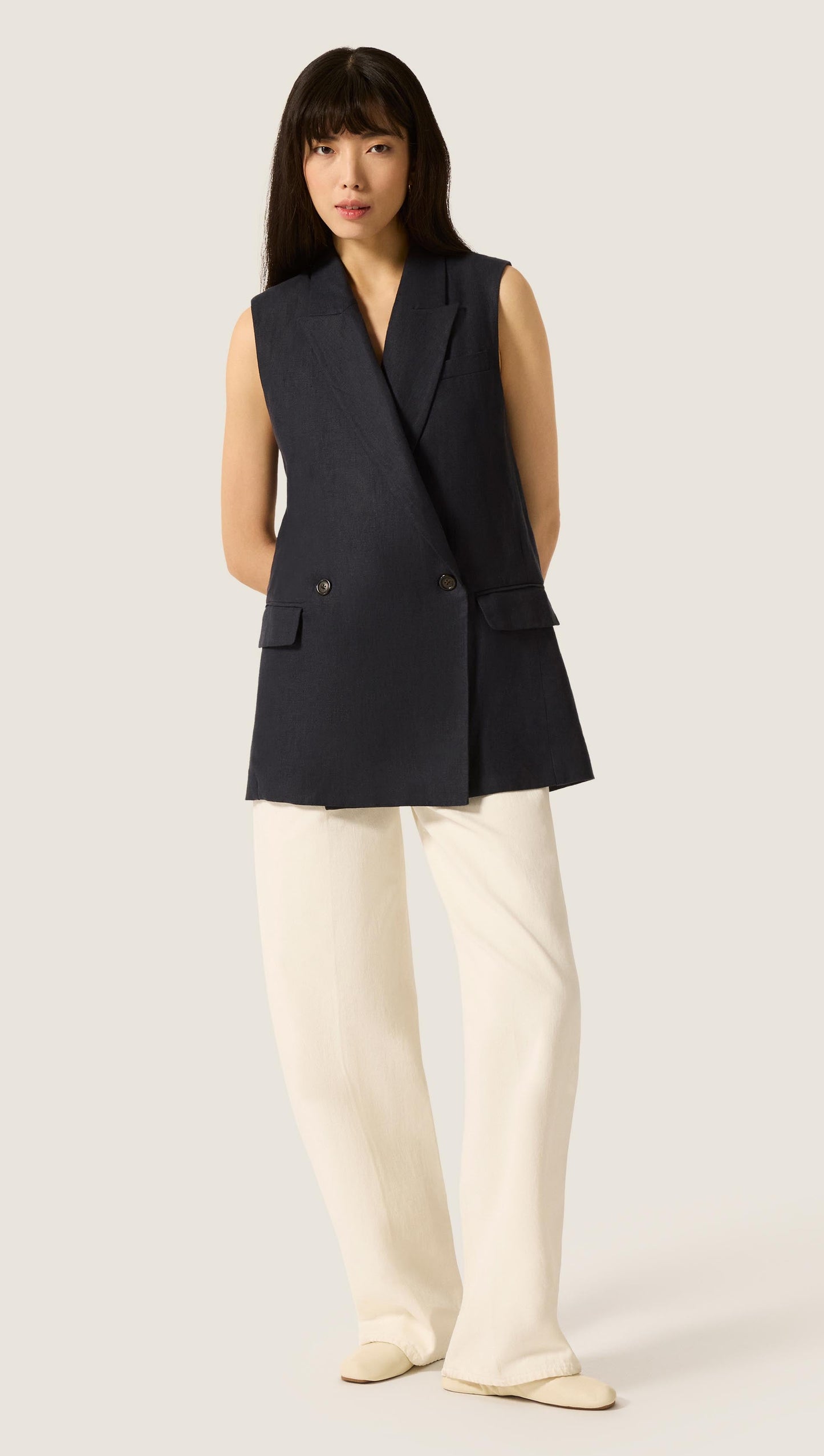 Belted Vest in Linen Twill | Midnight