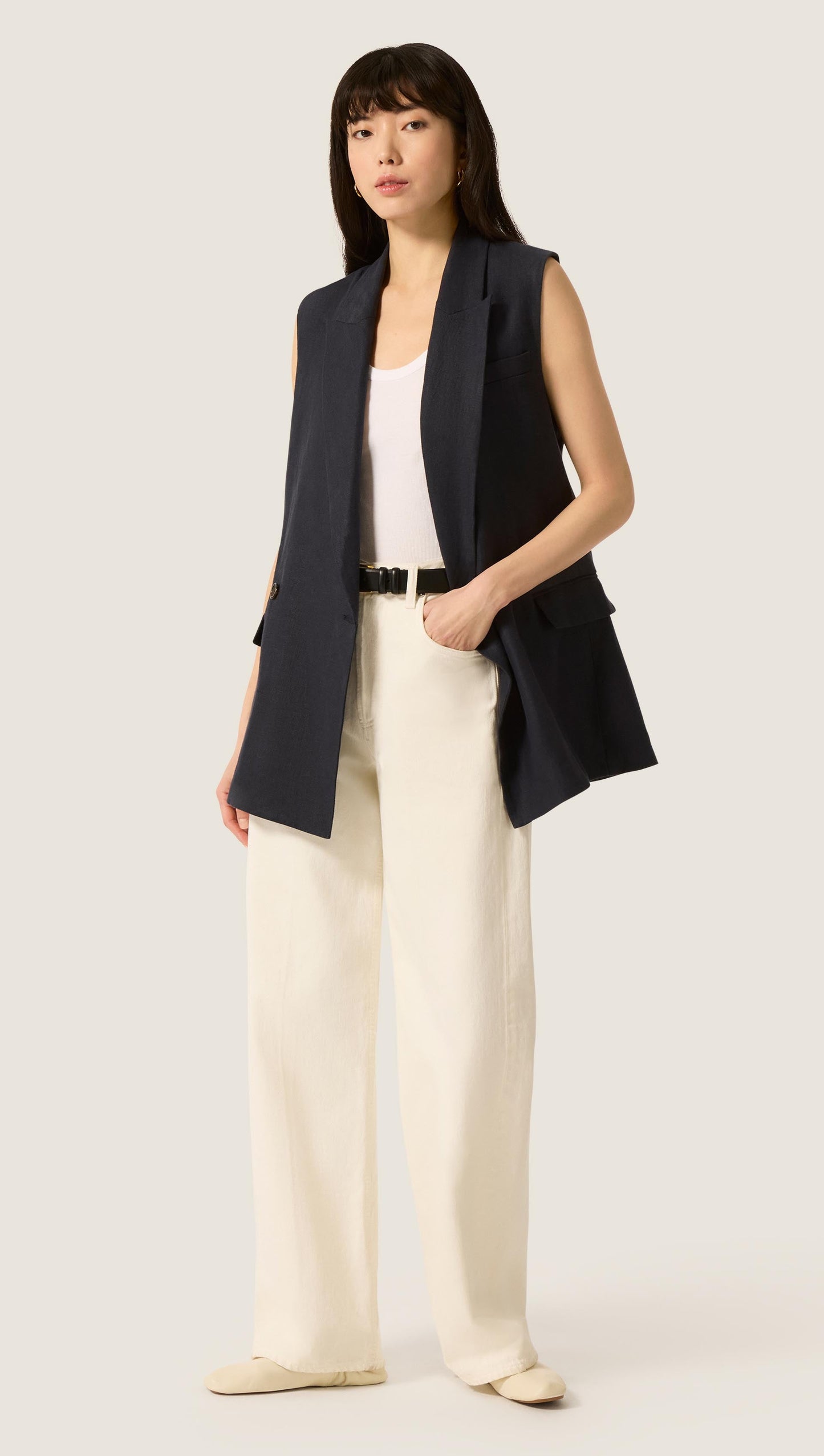 Belted Vest in Linen Twill | Midnight