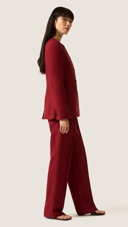 Double-Breasted Crewneck Blazer in Viscose Linen | Maroon