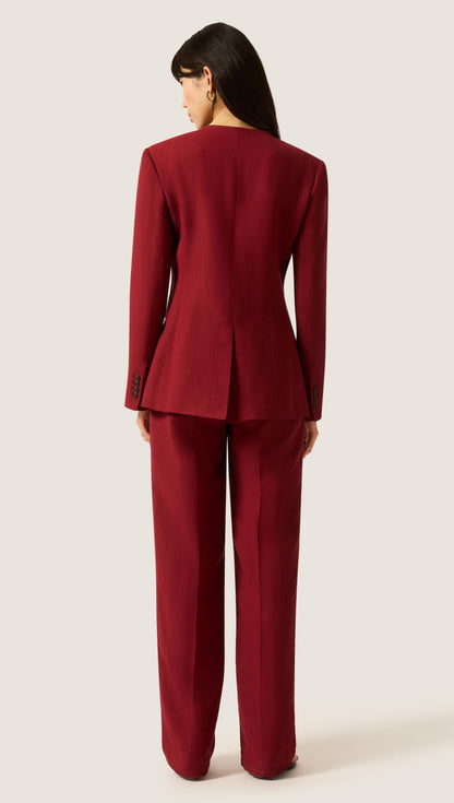 Double-Breasted Crewneck Blazer in Viscose Linen | Maroon