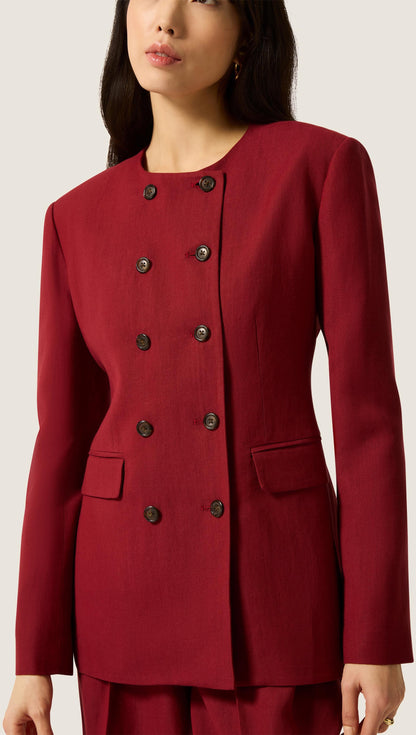 Double-Breasted Crewneck Blazer in Viscose Linen | Maroon