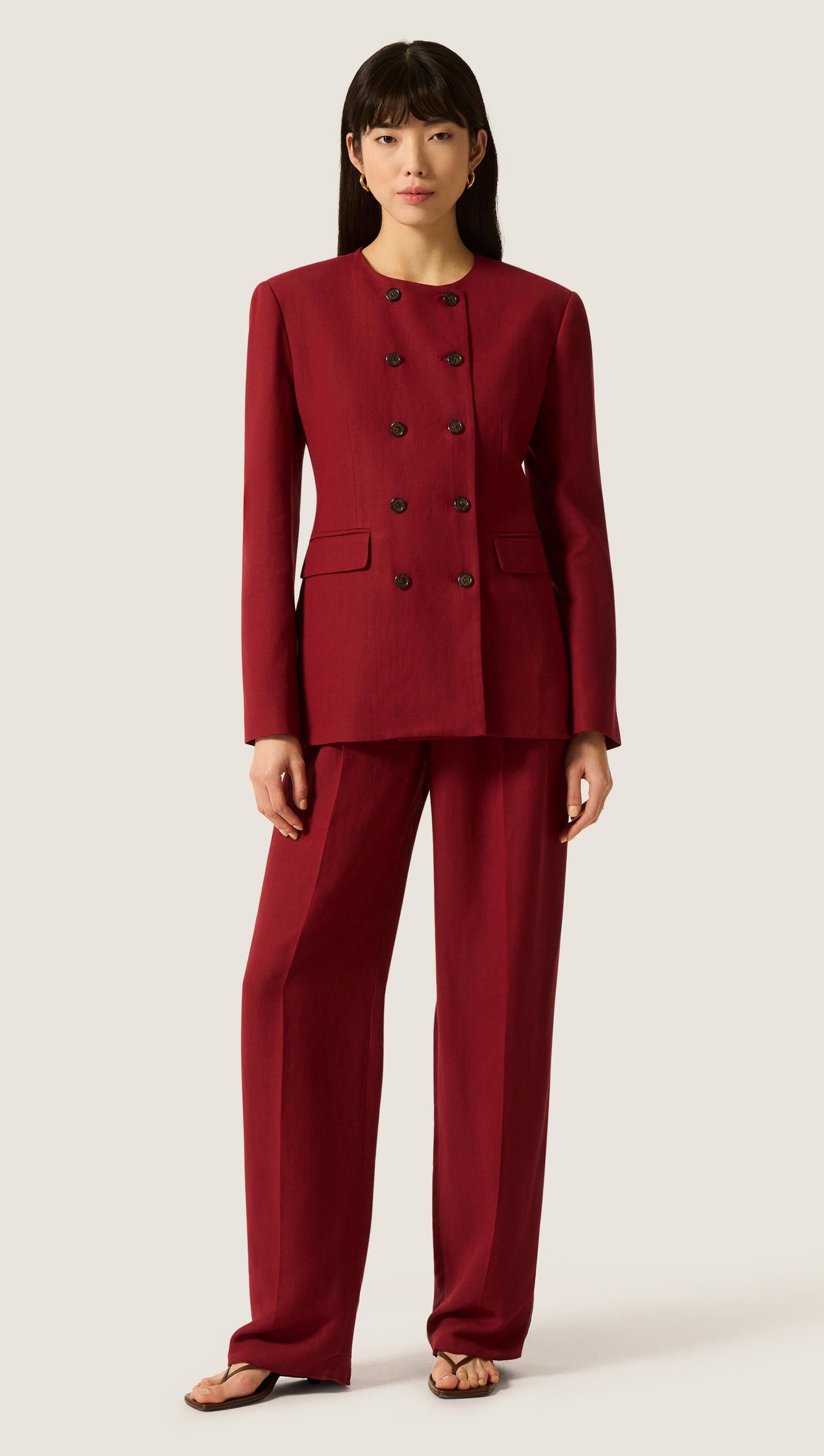 Double-Breasted Crewneck Blazer in Viscose Linen | Maroon
