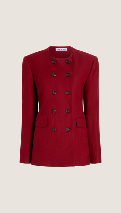 Double-Breasted Crewneck Blazer in Viscose Linen | Maroon