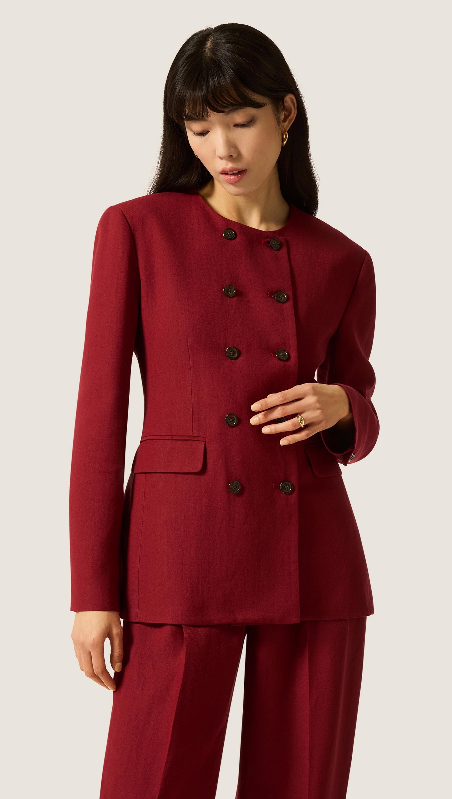 Double-Breasted Crewneck Blazer in Viscose Linen | Maroon