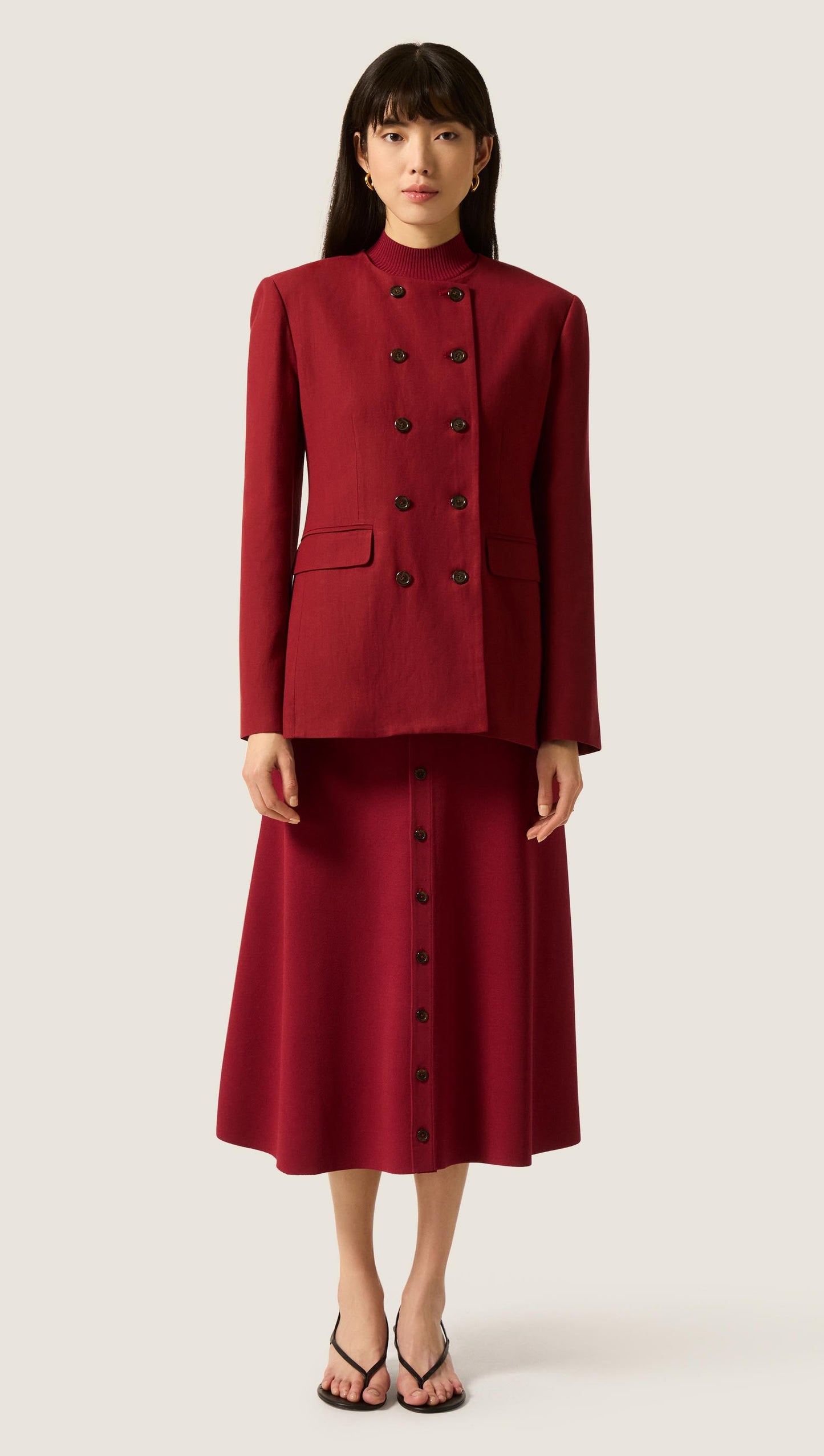 Double-Breasted Crewneck Blazer in Viscose Linen | Maroon