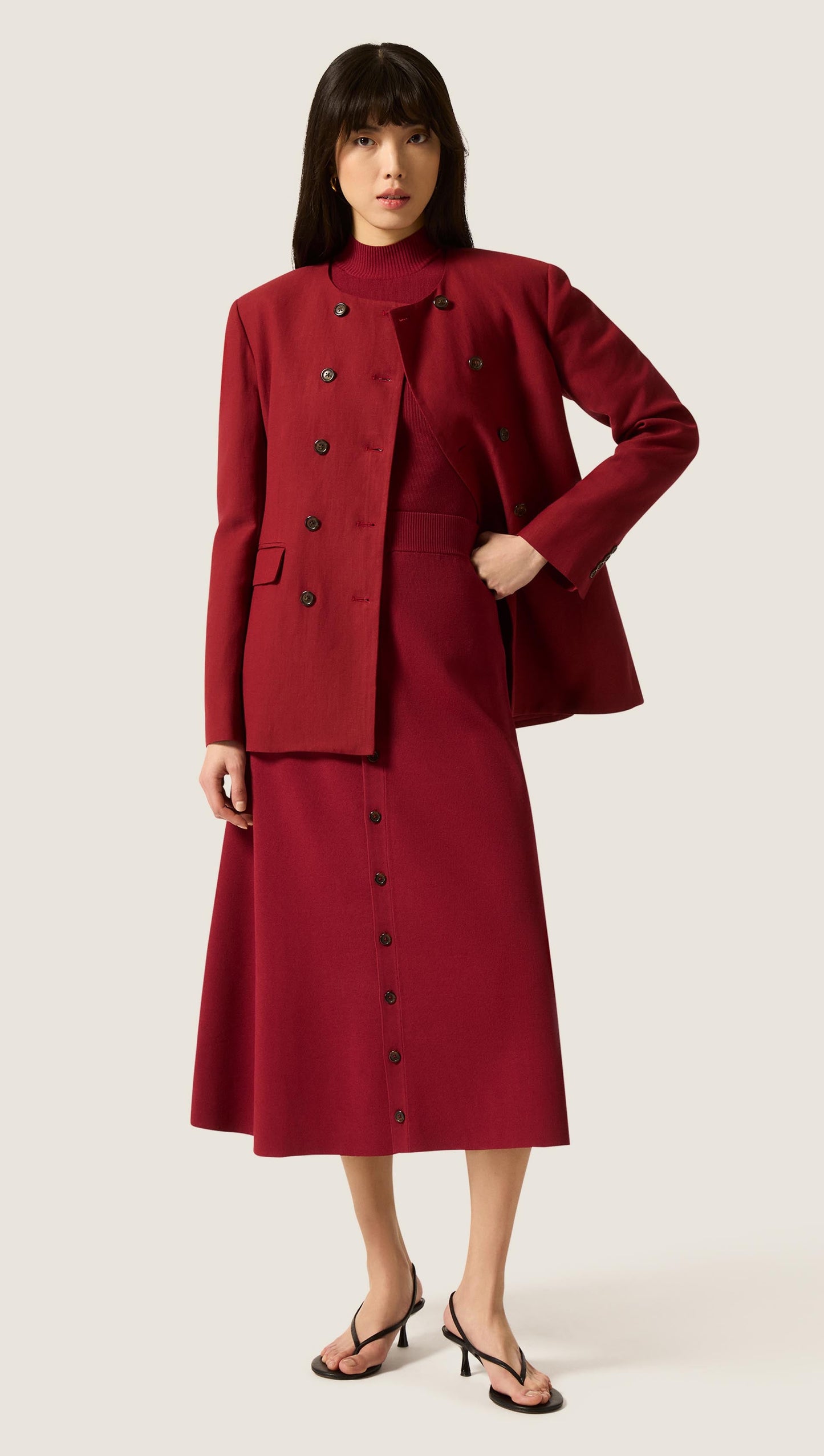 Double-Breasted Crewneck Blazer in Viscose Linen | Maroon