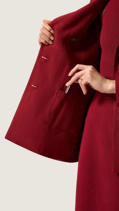 Double-Breasted Crewneck Blazer in Viscose Linen | Maroon